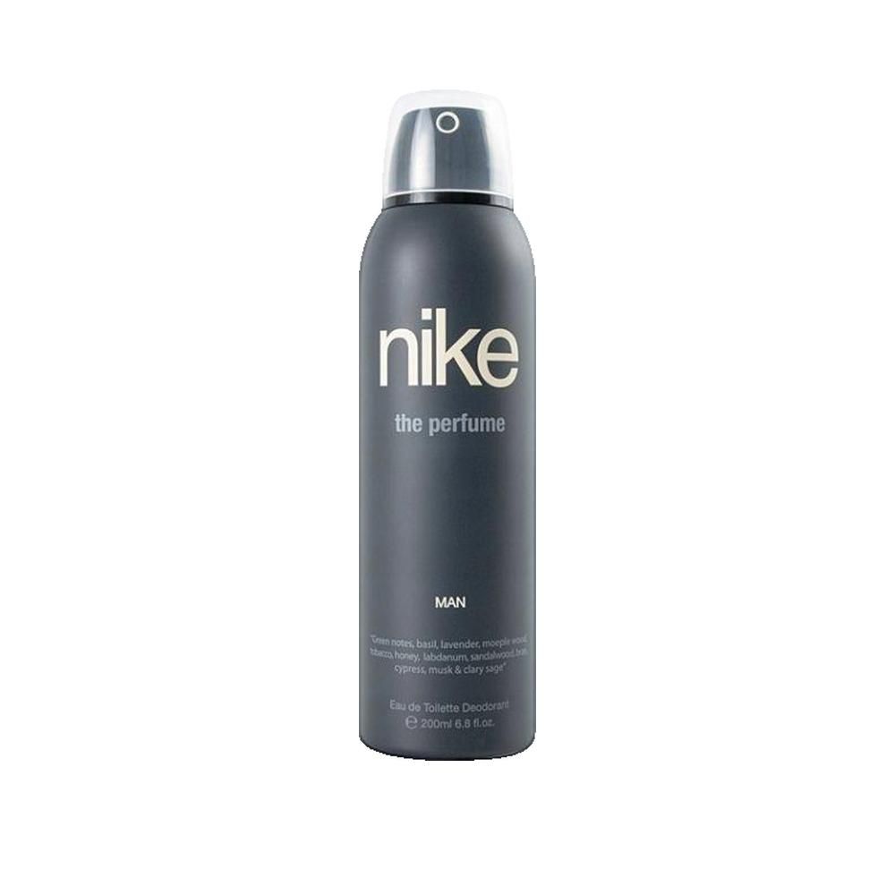 Flacone spray deodorante grigio scuro con erogatore bianco. Scritta: nike the perfume MAN. Contenuto: 200 ml.