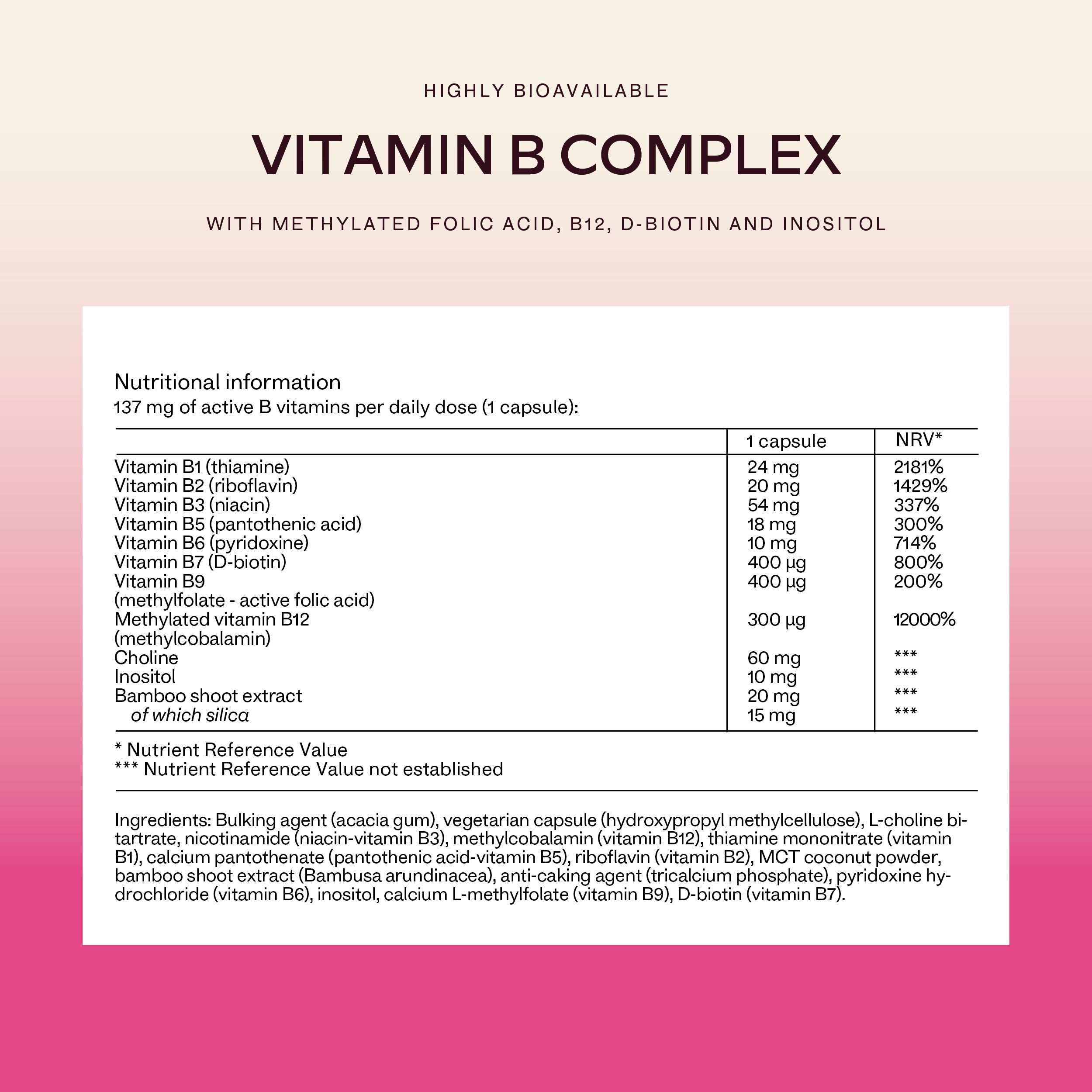 Testo con informazioni nutrizionali e ingredienti. AAVALABS Vitamin B Komplex. Sfondo rosa.