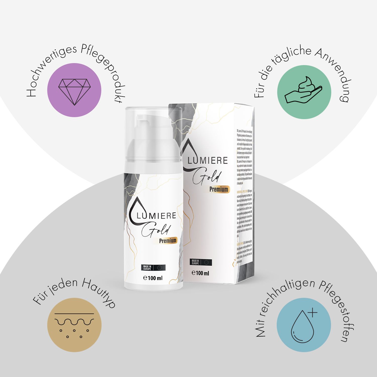 Flacone e scatola di crema. Scritta: Lumiere Gold Premium. Elementi grafici. Testo: Per ogni tipo di pelle, uso quotidiano.