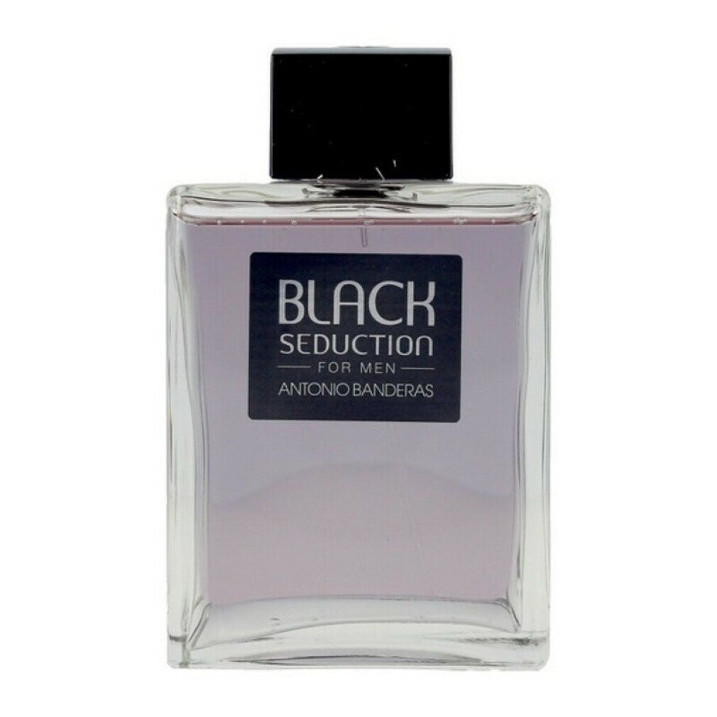 Flacone con tappo nero. Etichetta "BLACK SEDUCTION FOR MEN" e "ANTONIO BANDERAS".
