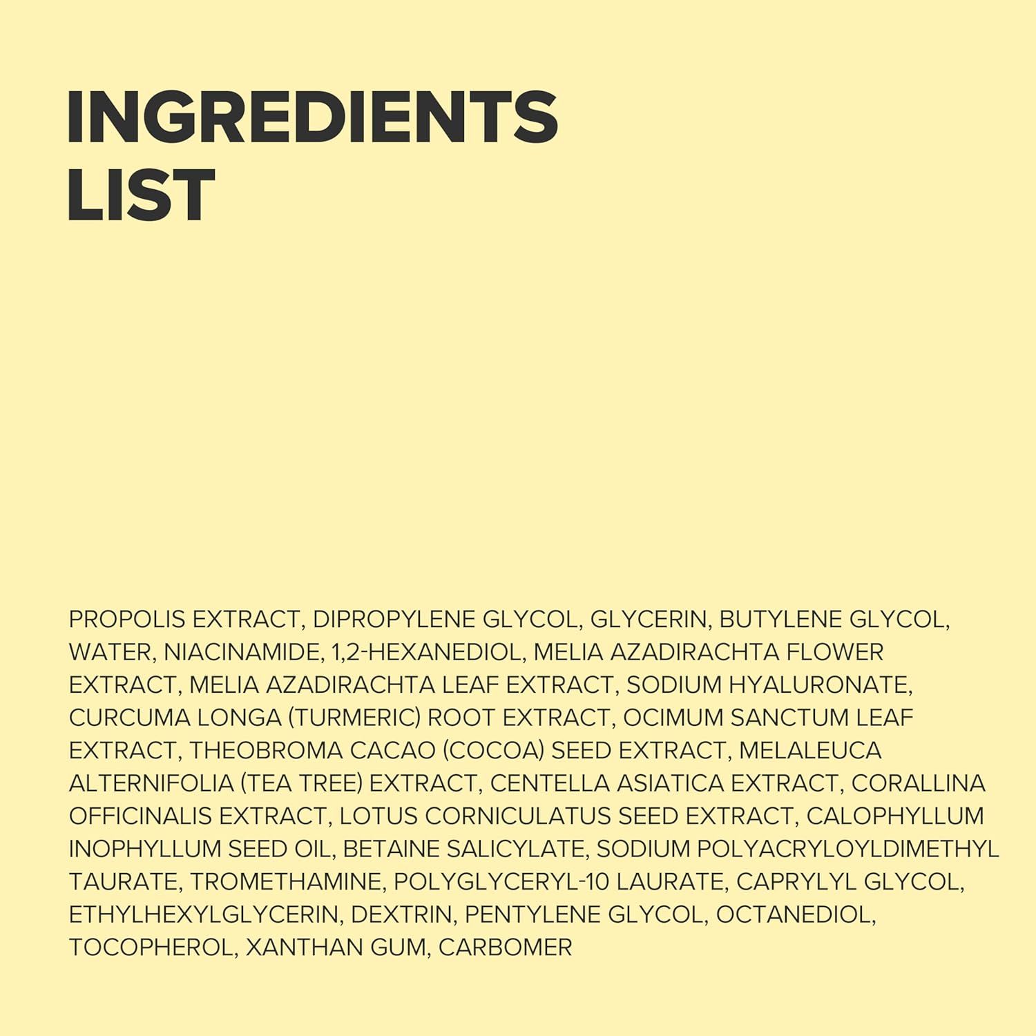 Elenco degli ingredienti. Testo: Estratto di propoli, niacinamide, 1,2-esandiolo, ecc.