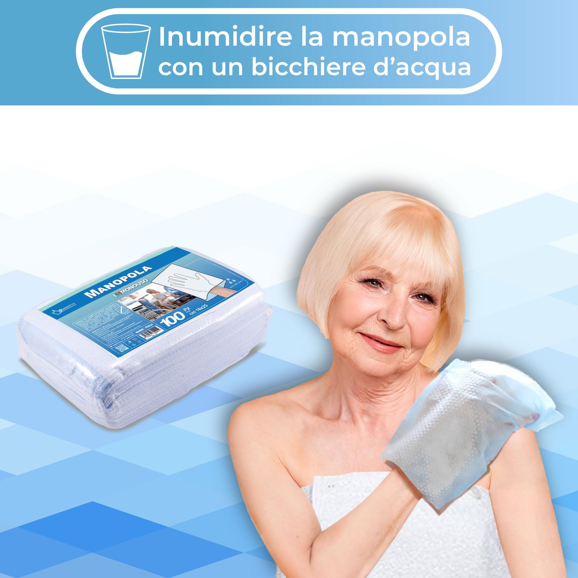 Donna anziana con guanto monouso per igiene. Confezione da 100 pezzi sullo sfondo.