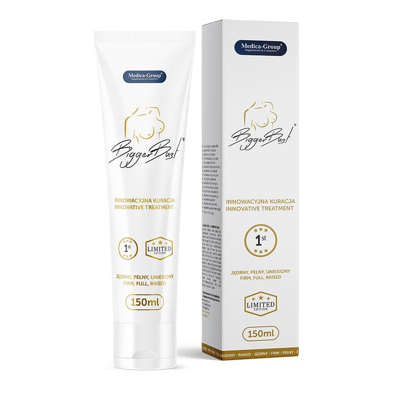 Siero seno Medica Group: Tubo bianco e scatola di cartone con simbolo del seno e scritta "Bigger Bust". 150ml.