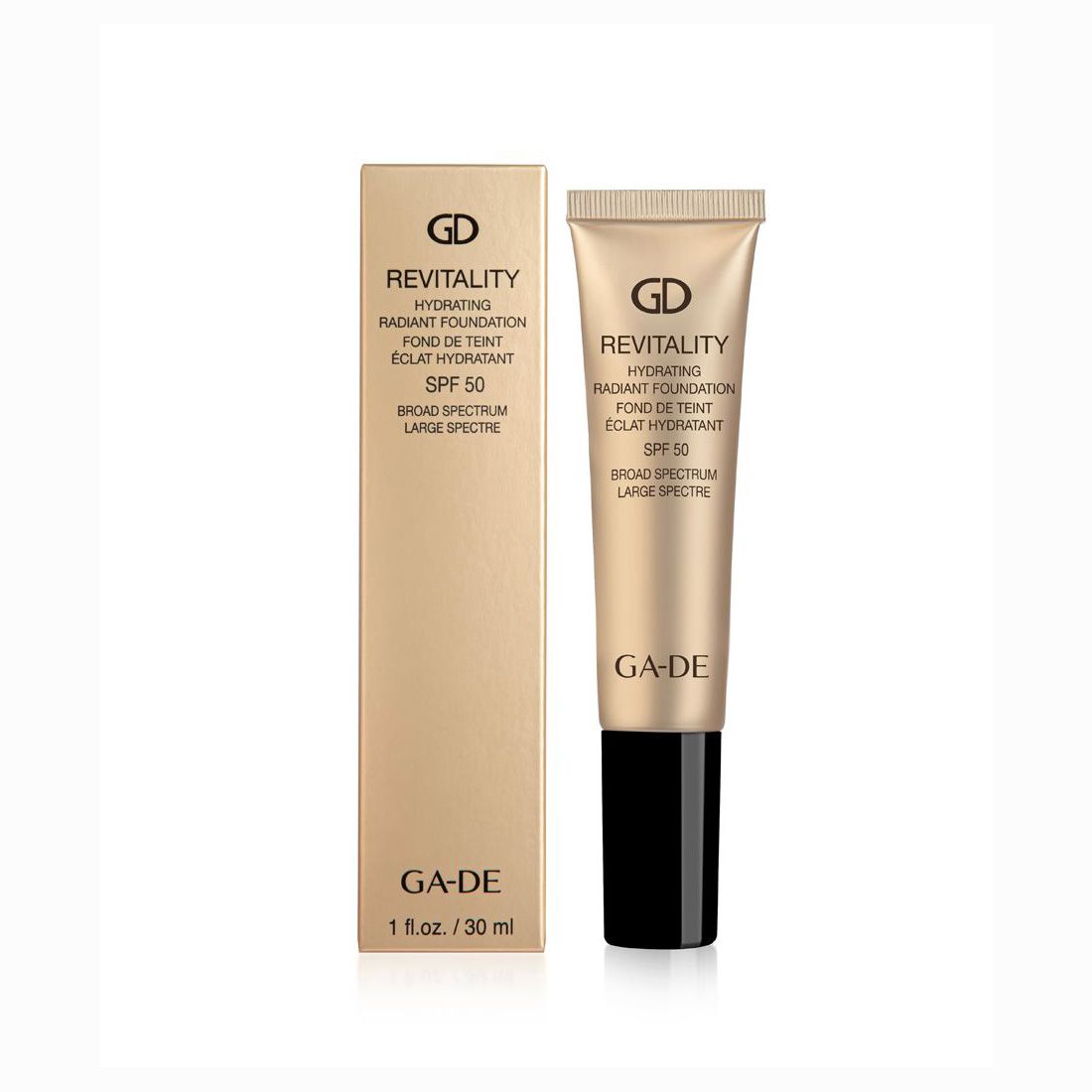 Ga-De Revitality. Tubo e scatola. Oro, tappo nero. Testo: Revitality, SPF 30, Ga-De. 1 fl.oz./30 ml.