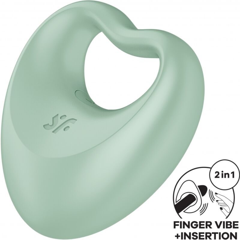 Anello per pene verde a forma di cuore, funzione 2-in-1 e simbolo di vibrazione.
