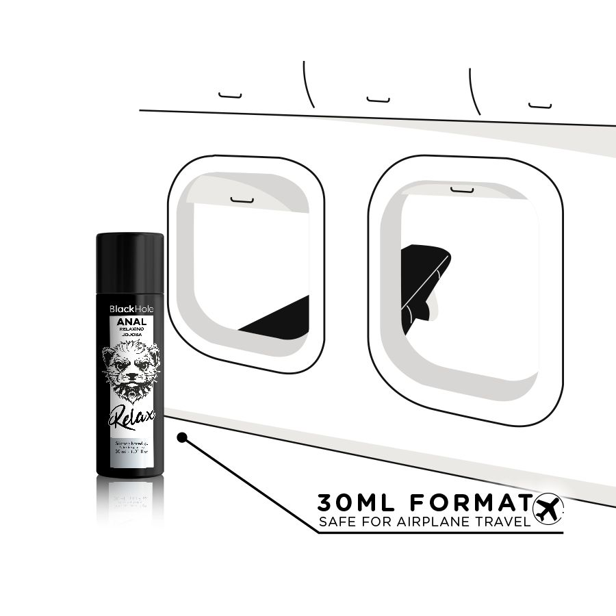 Un flacone di 'Black Hole ANAL Relaxing Jojoba' vicino a un finestrino di un aereo. Testo: Formato 30ml, Safe for airplane travel.