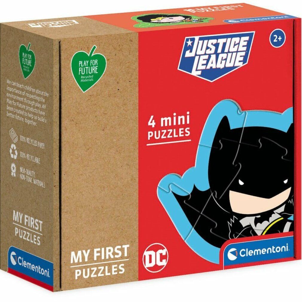 Confezione in cartone con 4 mini puzzle. Illustrazione Batman, Justice League. Marchio Clementoni. Logo Play for Future.