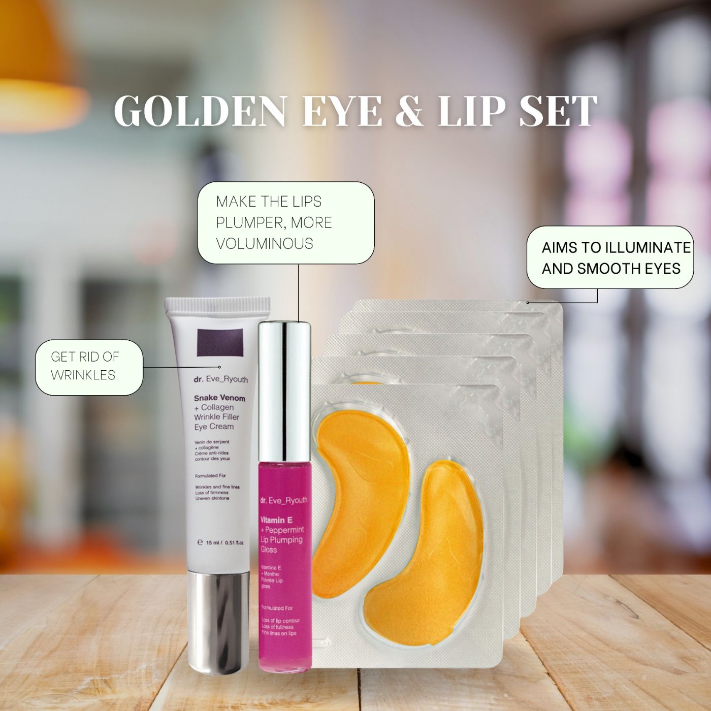 Set con crema occhi, lucidalabbra e patch occhi. Testo: Golden Eye & Lip Set. Frecce indicano i prodotti.