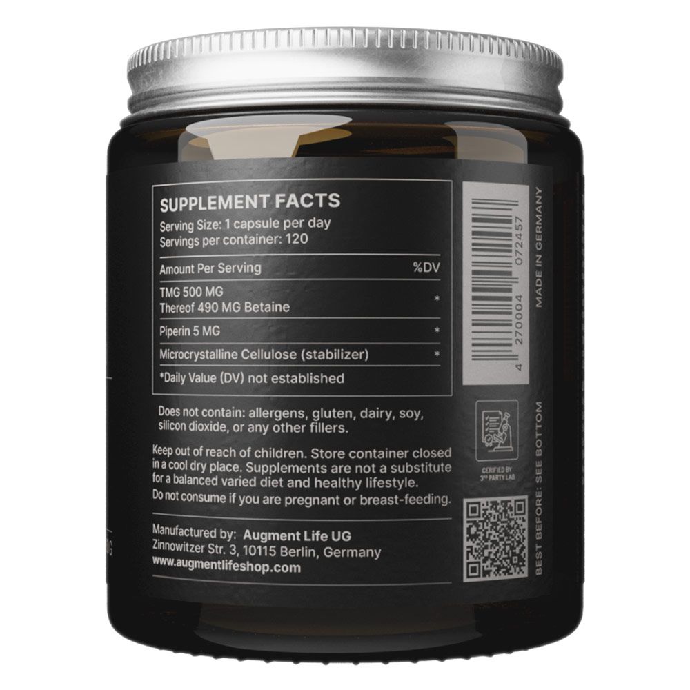 Etichetta con informazioni nutrizionali su flacone di vetro marrone con tappo argentato. Include fatti nutrizionali, ingredienti e informazioni del produttore.