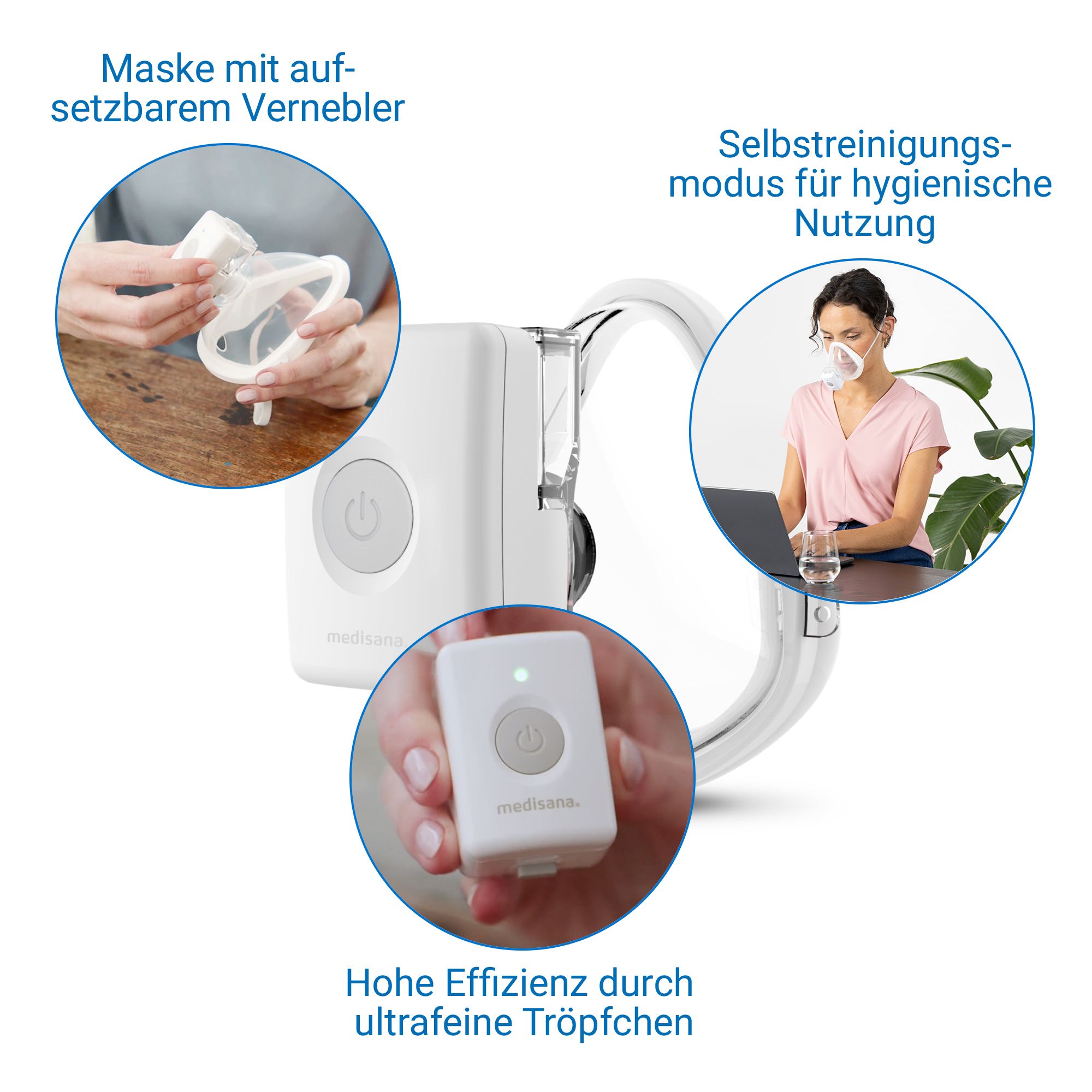 Inalatore Medisana IN 700: Maschera con nebulizzatore rimovibile, modalità autopulente, alta efficienza.