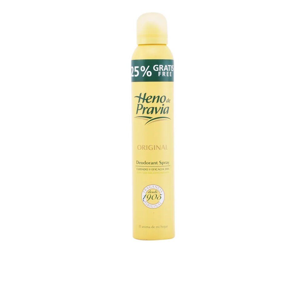 Spray deodorante giallo con scritta verde. Scritta: Heno de Pravia, Original, Deodorant Spray. Con 25% gratis.