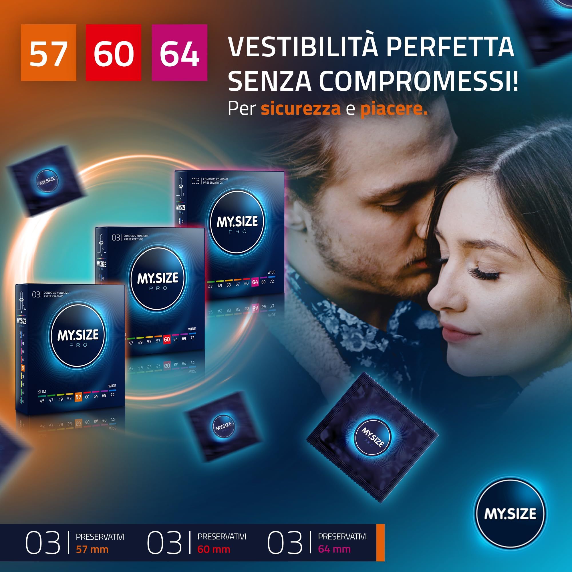 Coppia abbracciata, circondata da confezioni di preservativi My.Size PRO e preservativi singoli.