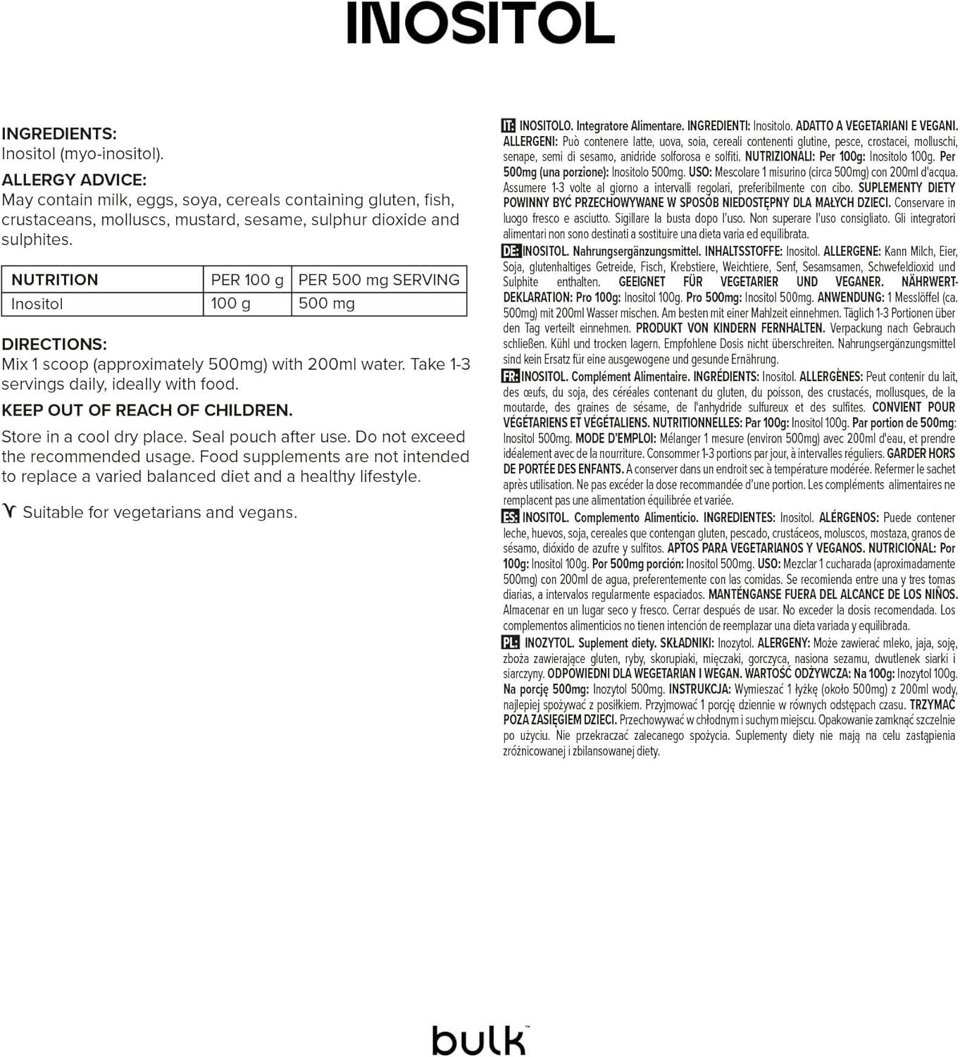 Pagina di testo con ingredienti e informazioni nutrizionali per l'inositolo. Contiene informazioni sugli allergeni e istruzioni per l'uso.