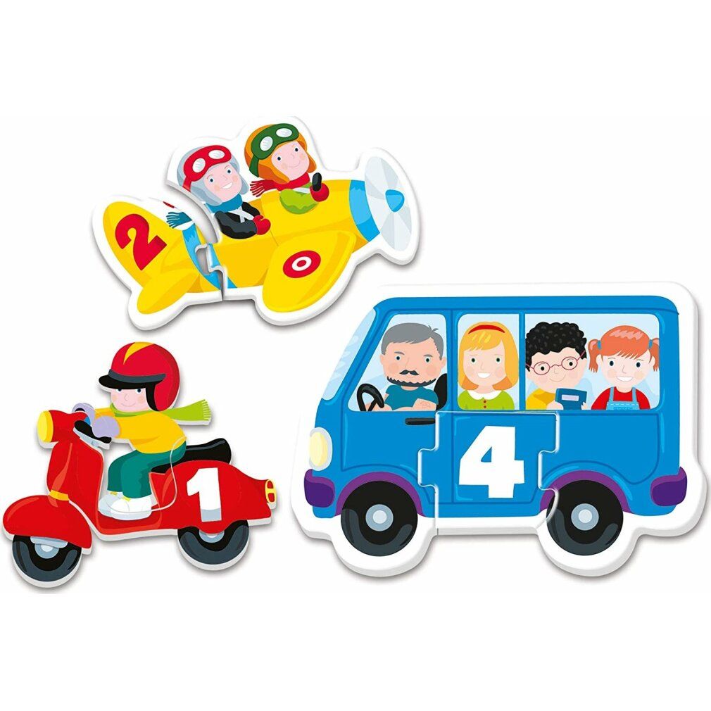 Puzzle con veicoli e numeri 1, 2 e 4. Include una moto, un aereo e un autobus. Per bambini.