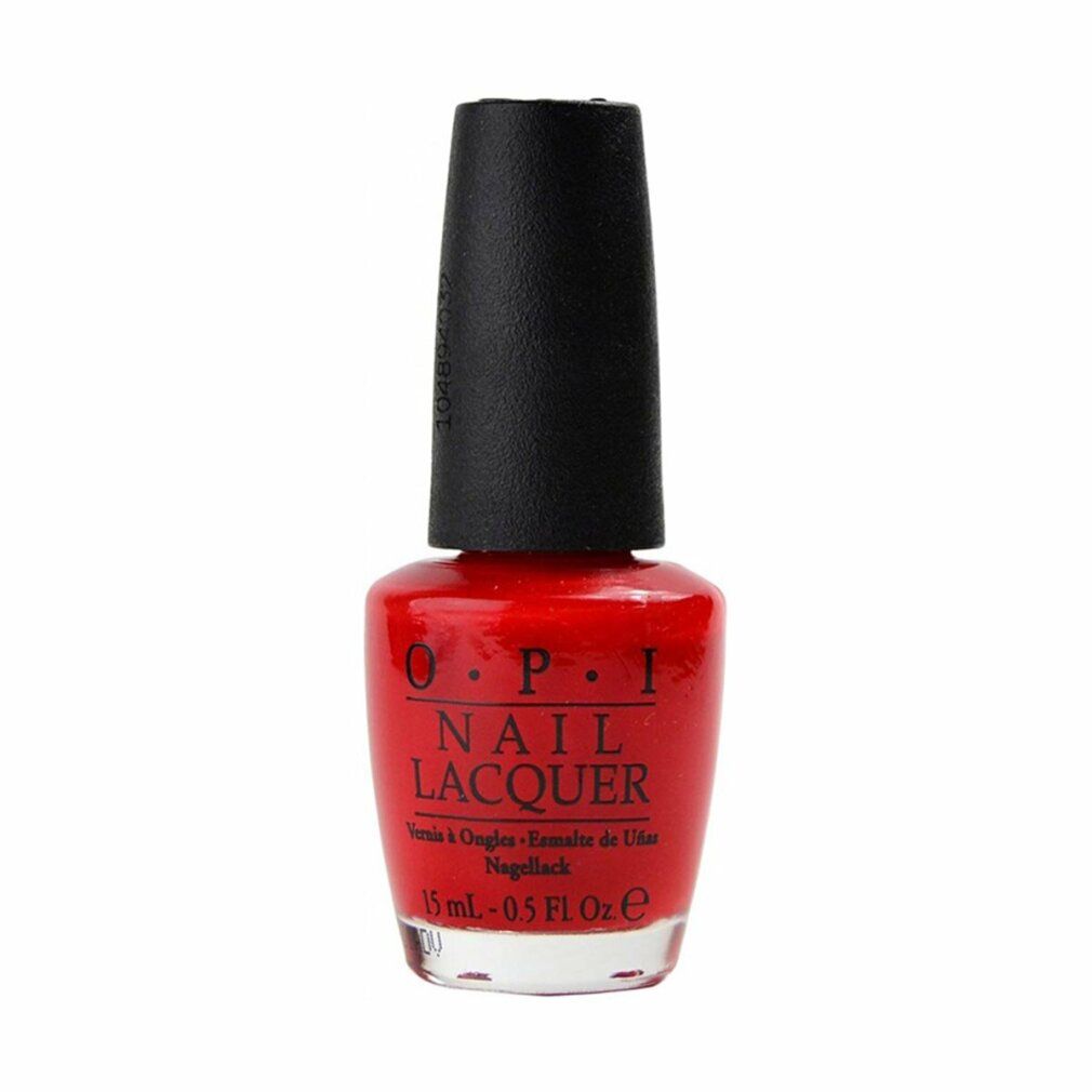 Flacone di smalto rosso con tappo nero. Scritta OPI Nail Lacquer. 15 ml.