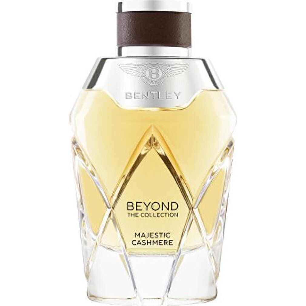 Bentley Majestic Cashmere Eau de Parfum Spray. Flacone sagomato con tappo argentato. Flacone in vetro trasparente con liquido dorato.