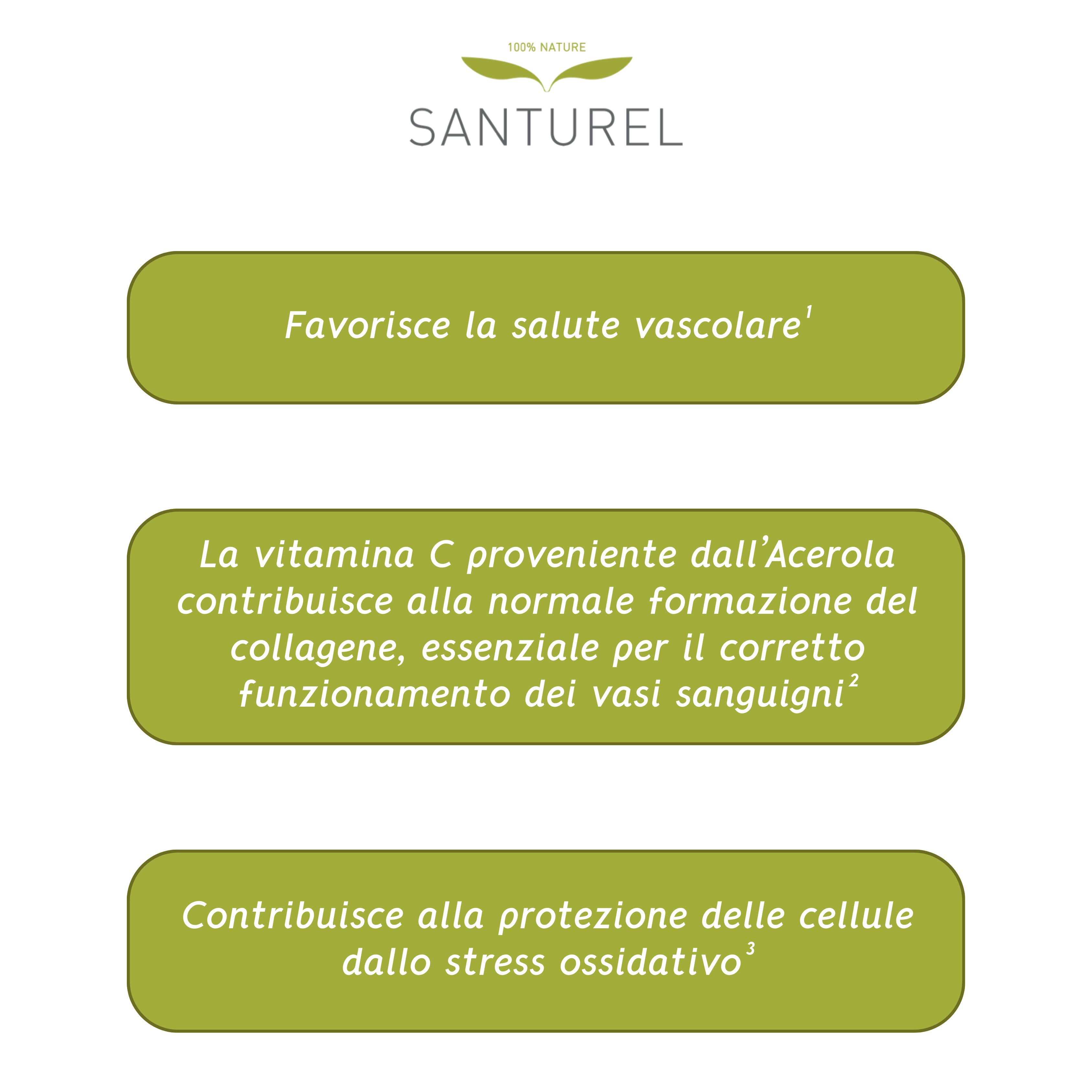 Testi informativi su Santurel Pycnogenol® + Acerola. Favorisce la salute vascolare.