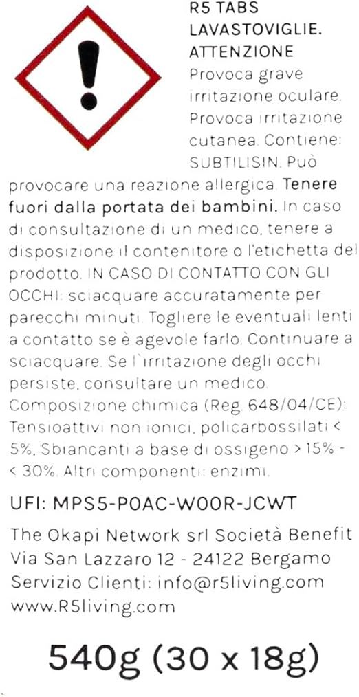R5 Eco Tabs Lavastoviglie 30 Pastiglie, Tensioattivi Vegetali, Ecolabel, Made in Italy
