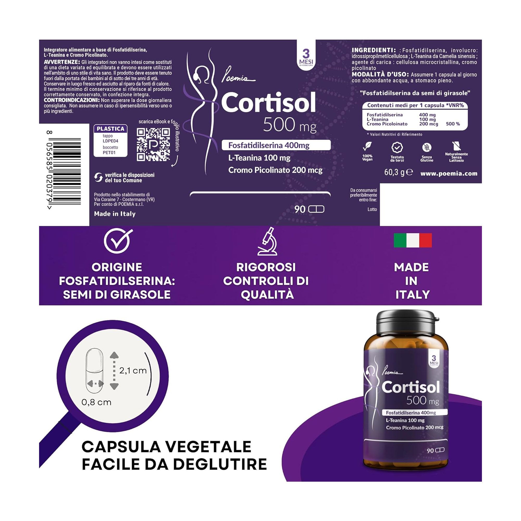 Flacone Poemia Cortisol 500mg, vista dettagliata delle dimensioni della capsula e del contenitore.