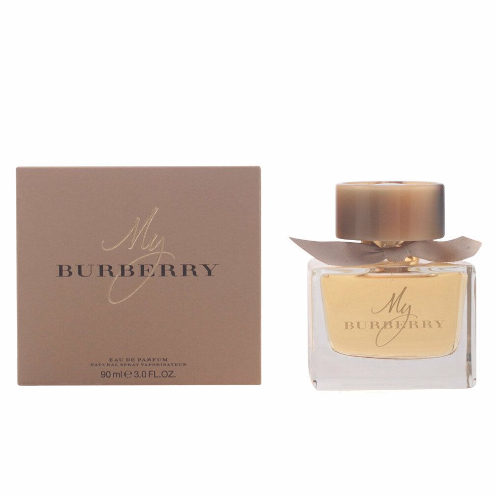 My Burberry Eau De Parfum Spray e confezione. Flacone quadrato in vetro con tappo dorato e fiocco. Confezione dorata.