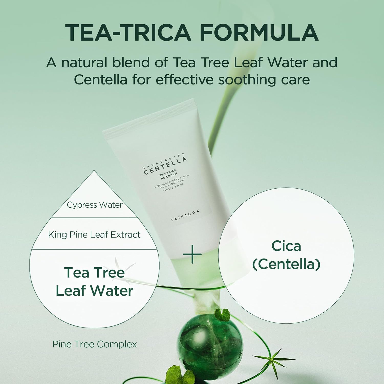 Tubo di crema con tappo verde. Testo: Tea-Trica B5 Cream, SKIN1004. Con ingredienti. Cica.