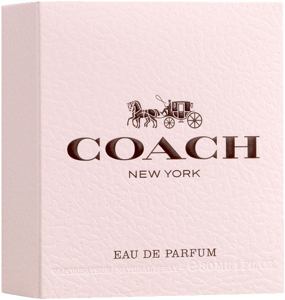 Flacone di profumo con tappo e ciondolo dorati. Logo Coach e motivo carrozza sul vetro.