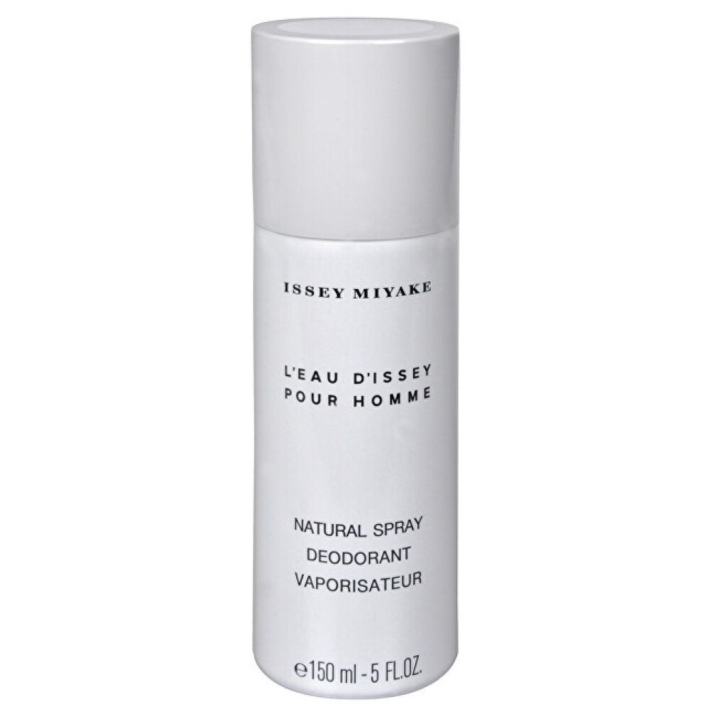 Deodorante spray bianco Issey Miyake. Testo: L'Eau d'Issey Pour Homme, Natural Spray Deodorant, Vaporisateur. Flacone con tappo.