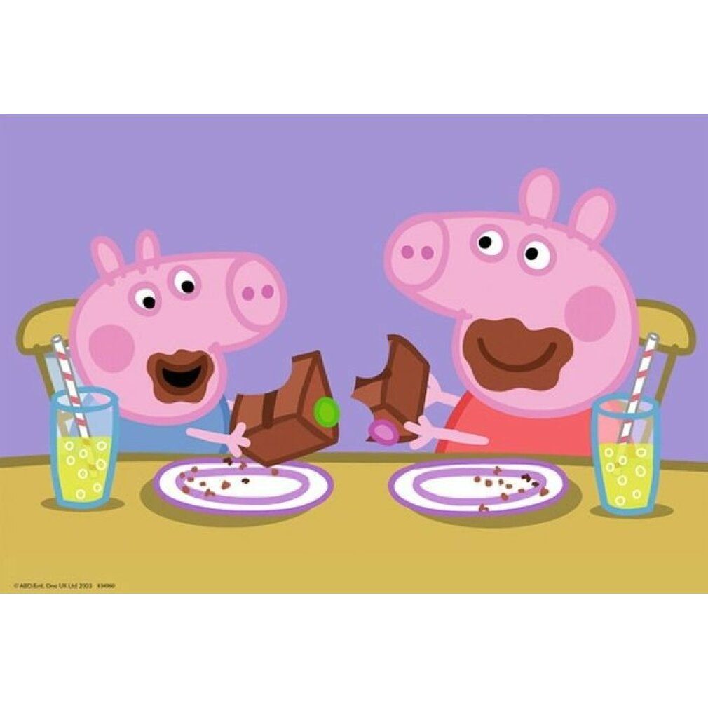 Due personaggi di Peppa Pig mangiano cioccolato. Su piatti, con bevande. Sfondo: viola.
