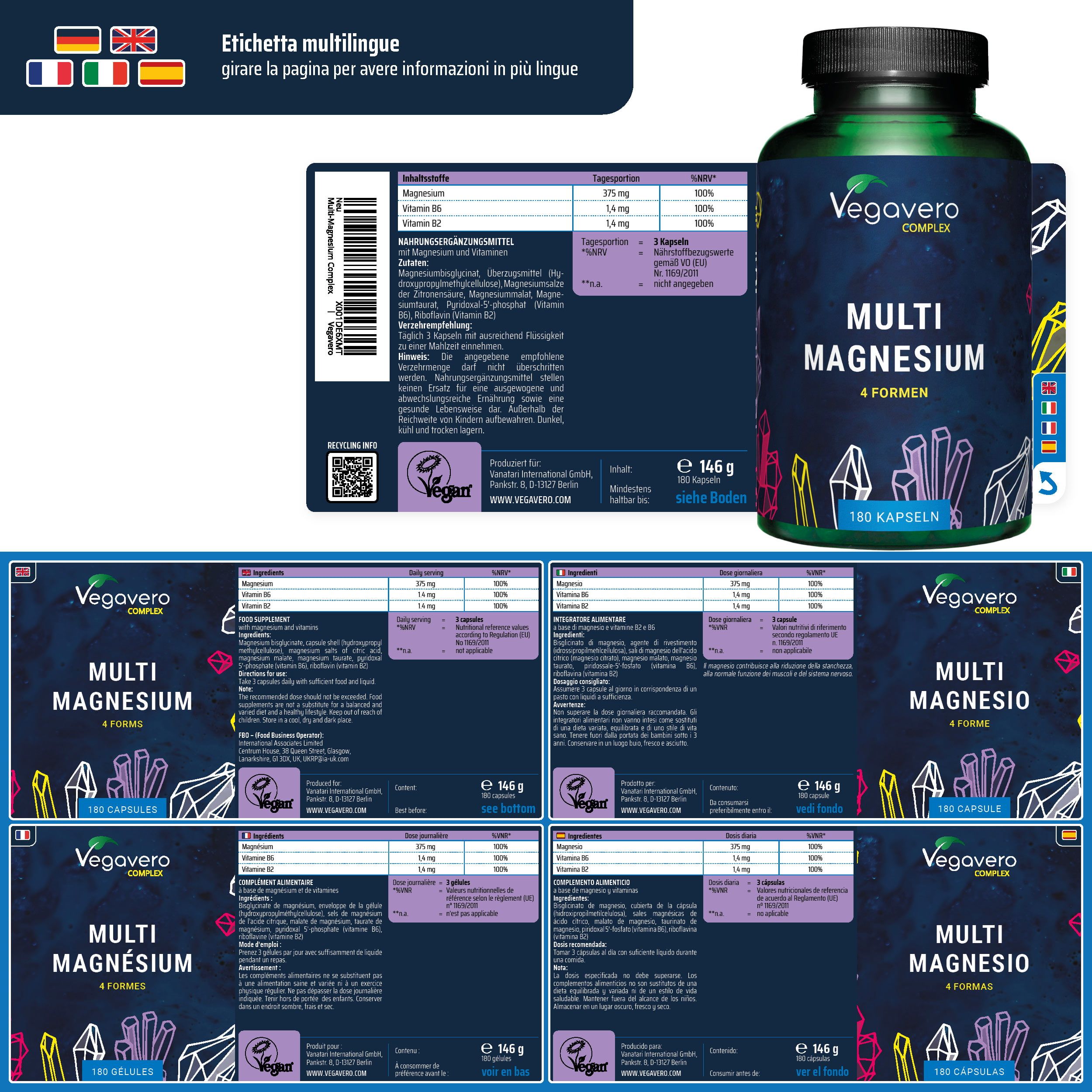 Etichetta multilingue con informazioni. Flacone Vegavaro Multi Magnesium Complex e 4 etichette con informazioni.