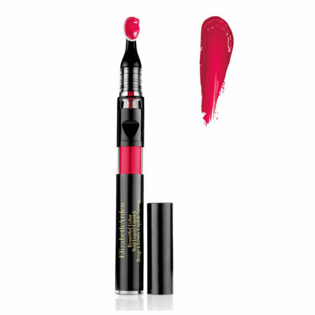 Un rossetto nero aperto con liquido rosso e applicatore. Accanto, una striscia di rossetto rosso. Scritta: Elizabeth Arden.