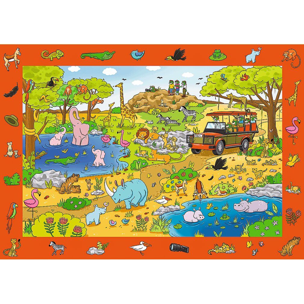Puzzle Spy Guy: Safari, 24 pezzi. Scena con animali, veicolo e paesaggio. Cornice arancione.