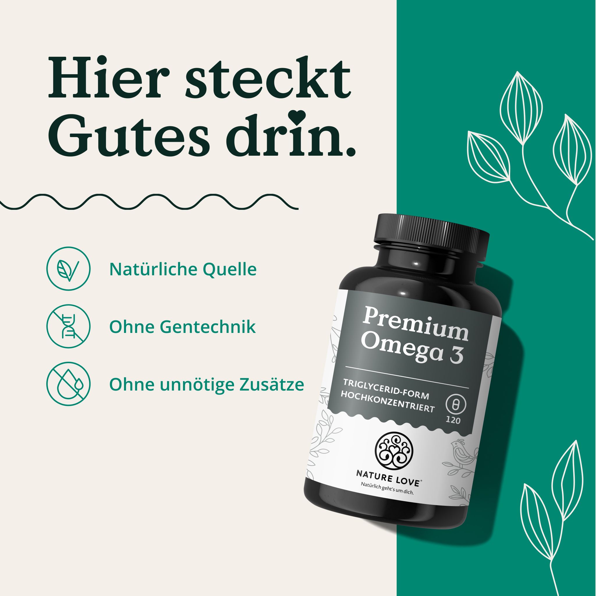 Barattolo scuro con 'Premium Omega 3'. Testo: Qui c'è del buono. Icone: Fonte naturale, Senza OGM, Senza additivi.