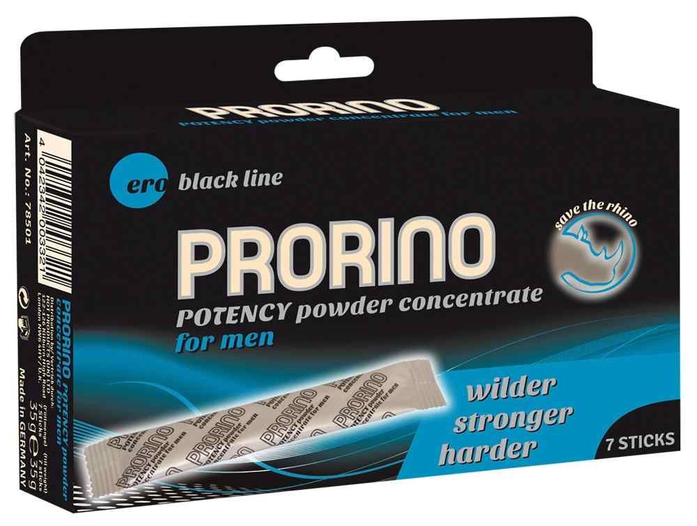 Scatola nera con "PRORINO" e "Potency powder concentrate for men". Contiene 7 stick. "Ero black line".