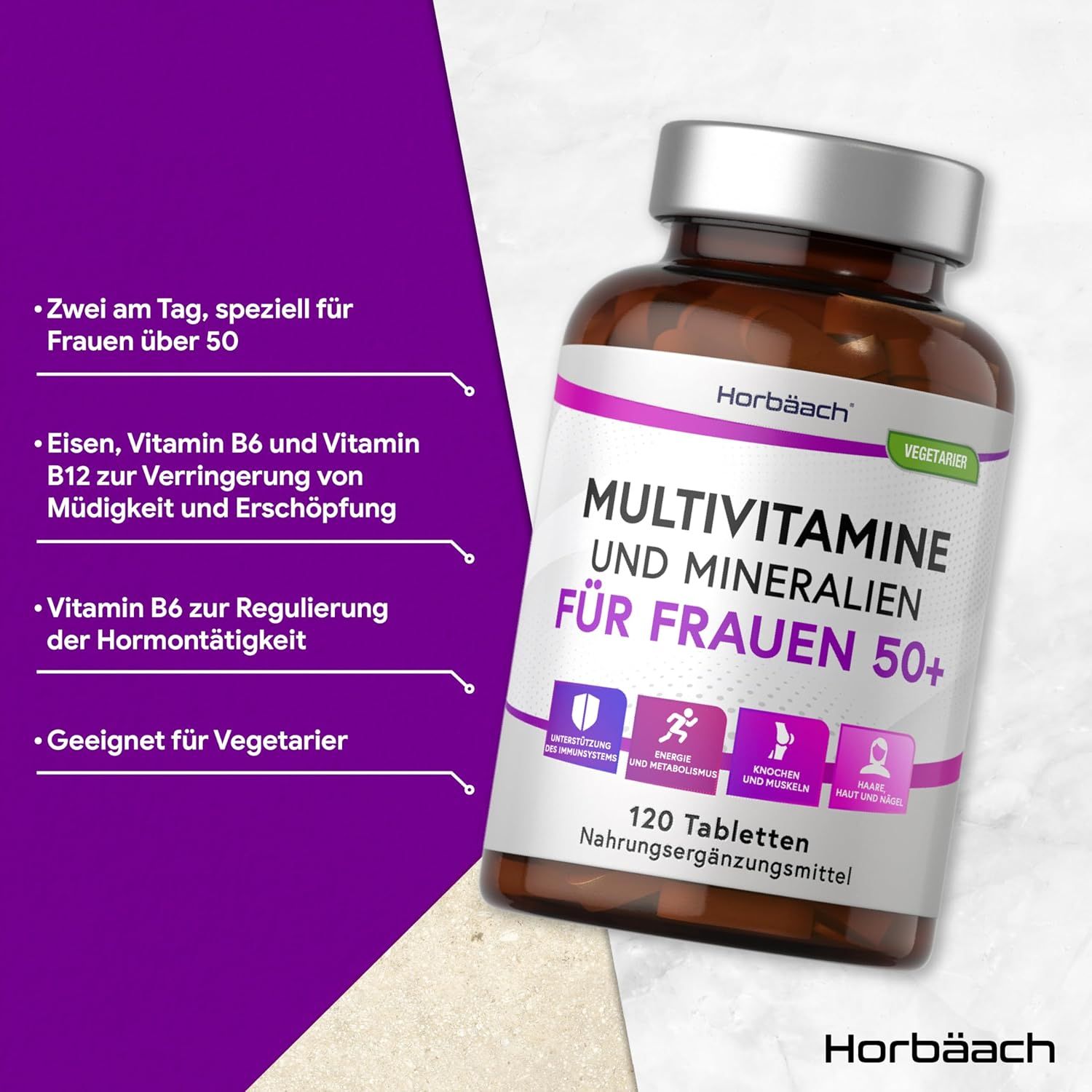 Flacone marrone con etichetta bianca e viola. Scritta: Multivitamine e minerali per donne 50+. 120 compresse. Vegetariano. Testo su sfondo viola.