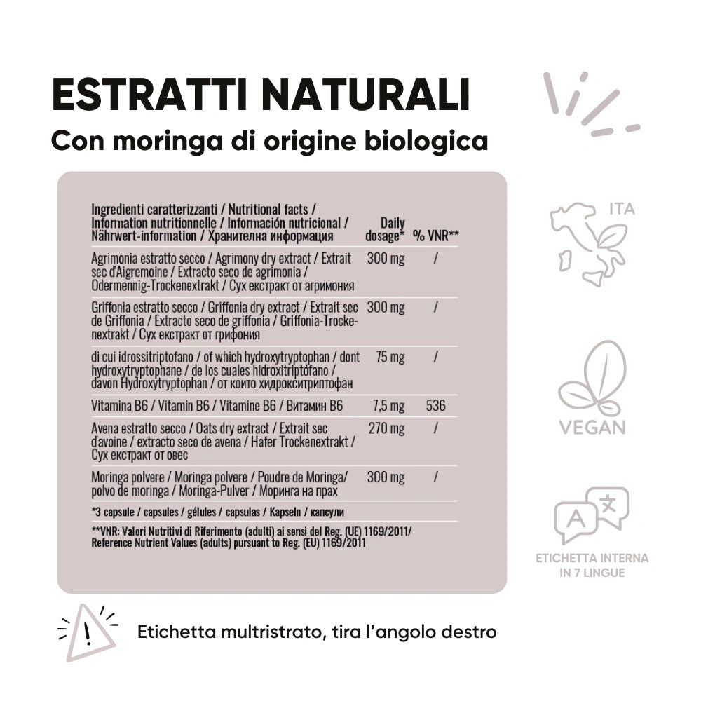 Etichetta con ingredienti e valori nutrizionali. Testo: Extrait sec d'Agrimonia, Griffonia, Vitamina B6, etc.