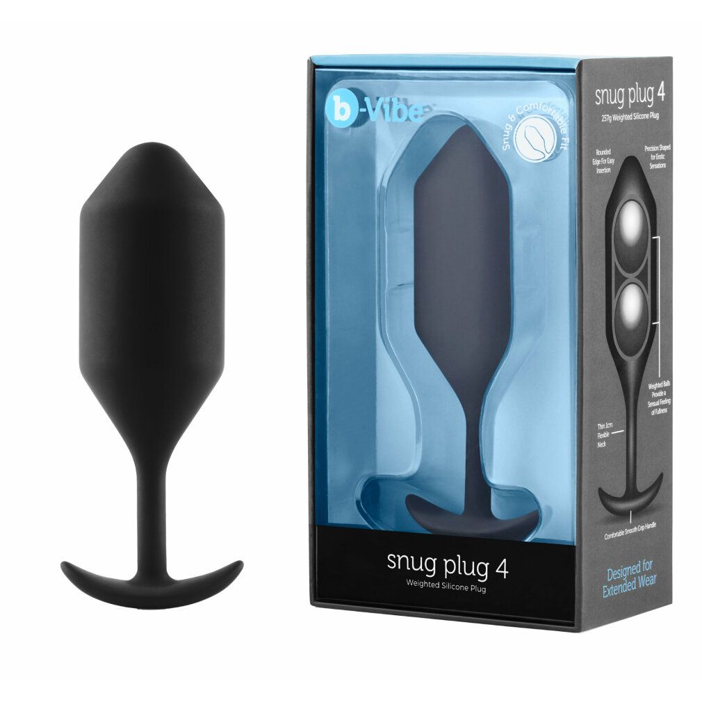 Snug Plug 4 nero, accanto alla confezione. Confezione con immagine del prodotto e nome. Marchio: b-Vibe.