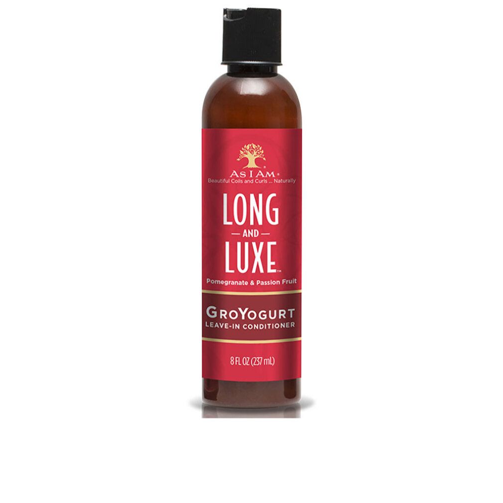 Flacone marrone con etichetta rossa. Testo: LONG AND LUXE, GroYogurt Leave-In Conditioner. Tappo nero. 8 fl oz (237 ml).