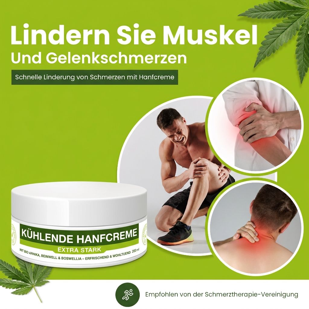 Vasetto bianco con scritta verde: KÜHLENDE HANFCREME. Extra Forte. Uomo con dolore al ginocchio e al collo. Foglia verde.