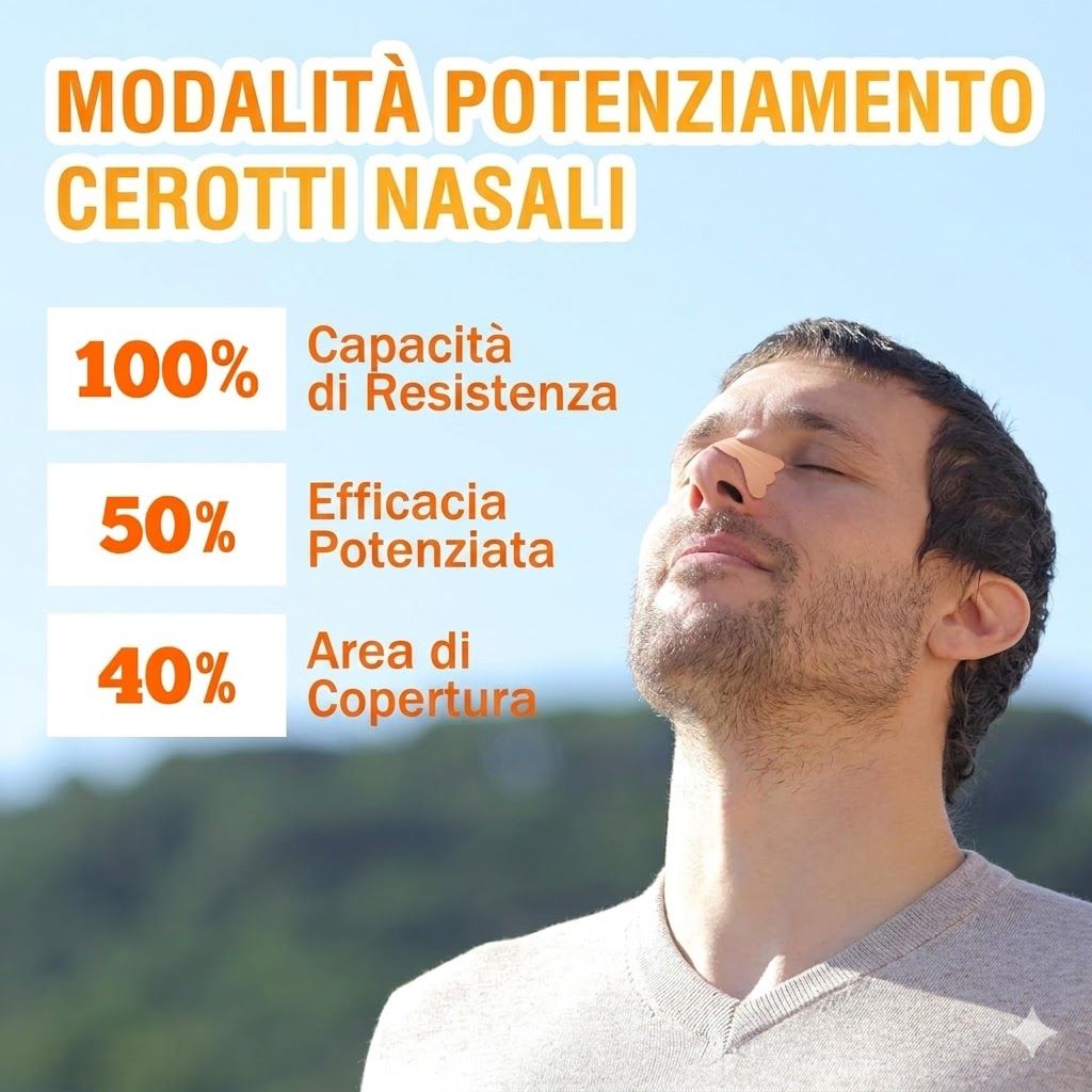 Un uomo all'aperto con un cerotto nasale. Testo: Modalità miglioramento, strisce nasali, 100% capacità, ecc.