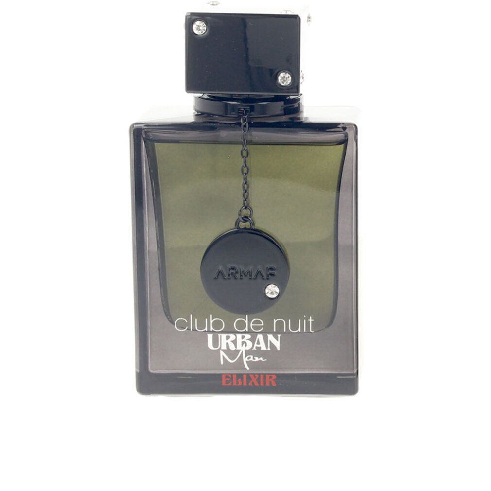 Flacone nero con tappo quadrato. Scritta: Club de Nuit Urban Man Elixir. Ciondolo con catena.