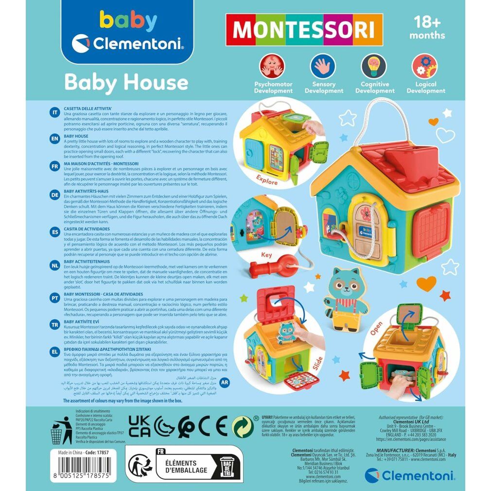 Retro della confezione della casa gioco. Testo in più lingue. Illustrazioni della casa gioco e delle sue funzioni.