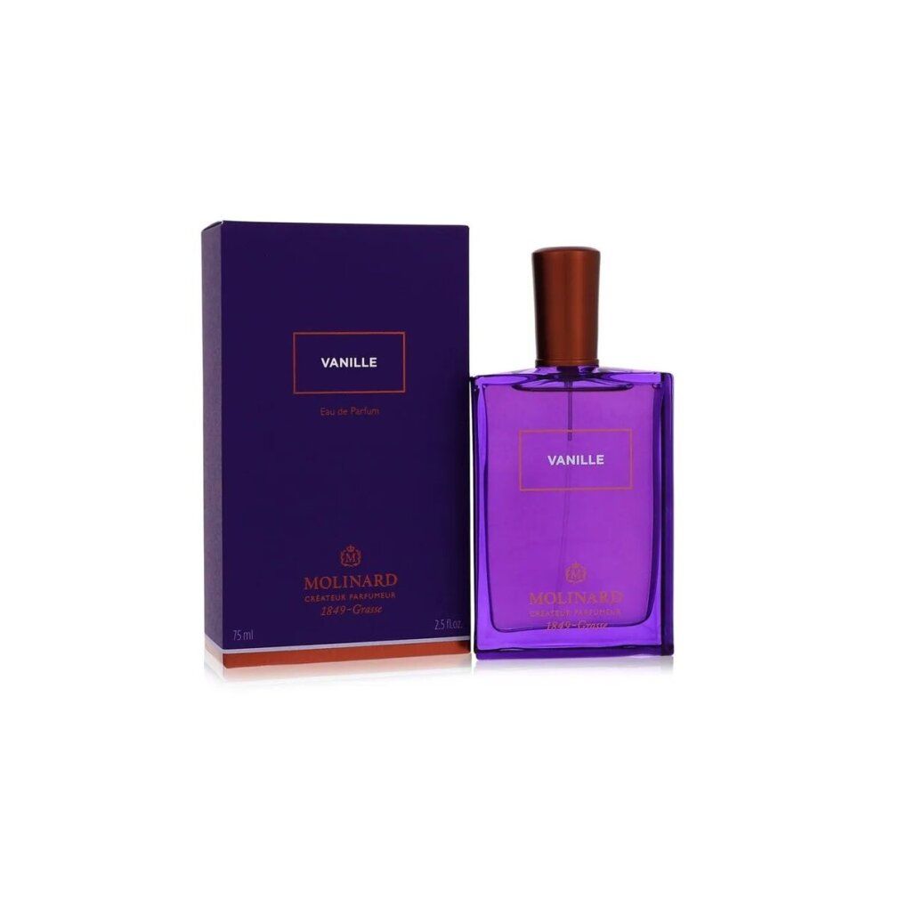 Flacone e confezione viola. Scritta: Vanille, Eau de Parfum. Marchio: Molinard. Tappo marrone. Forma rettangolare.