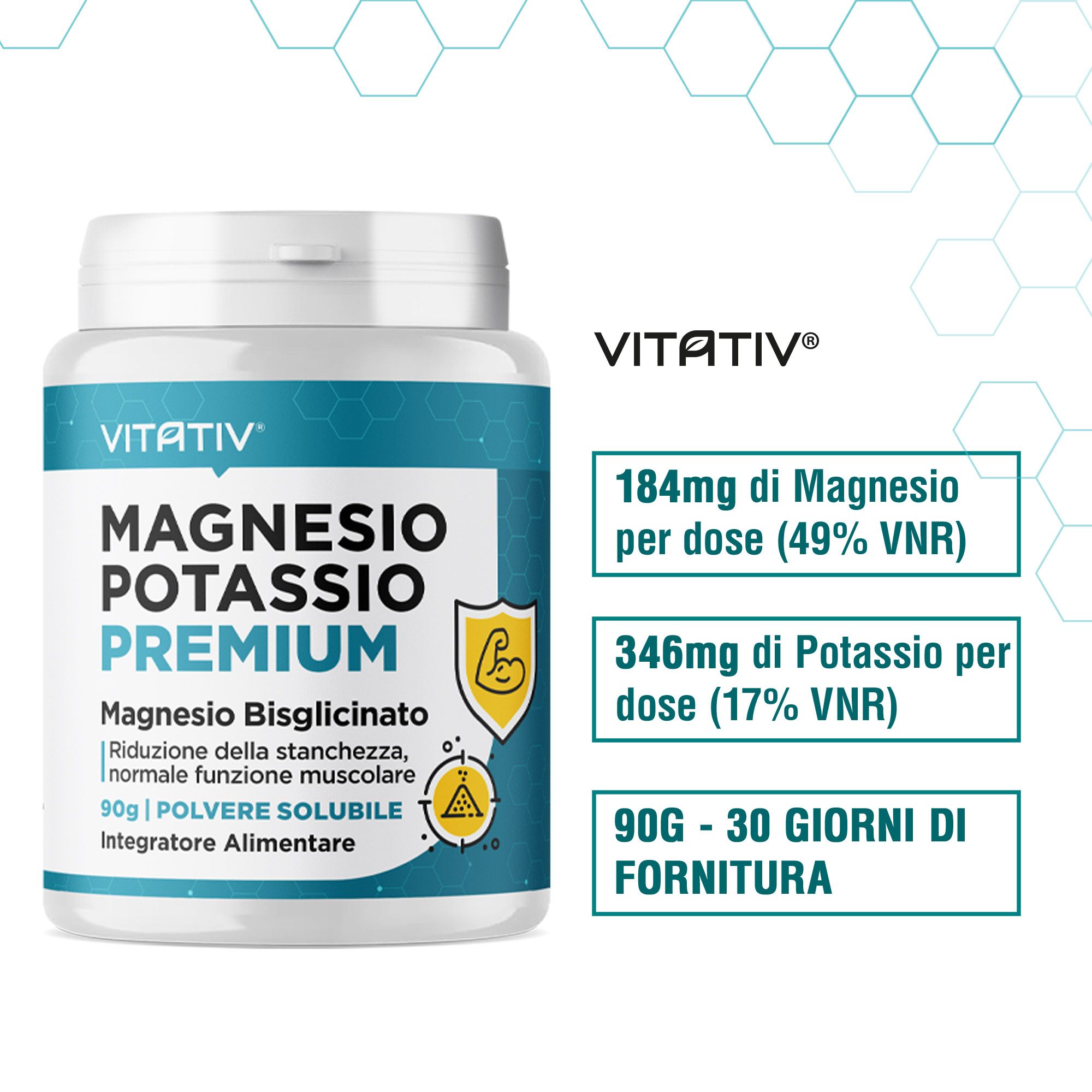 Barattolo Vitativ Magnesio Potassio Premium. Contiene 184mg magnesio e 346mg potassio per dose. 90g, 30 giorni.