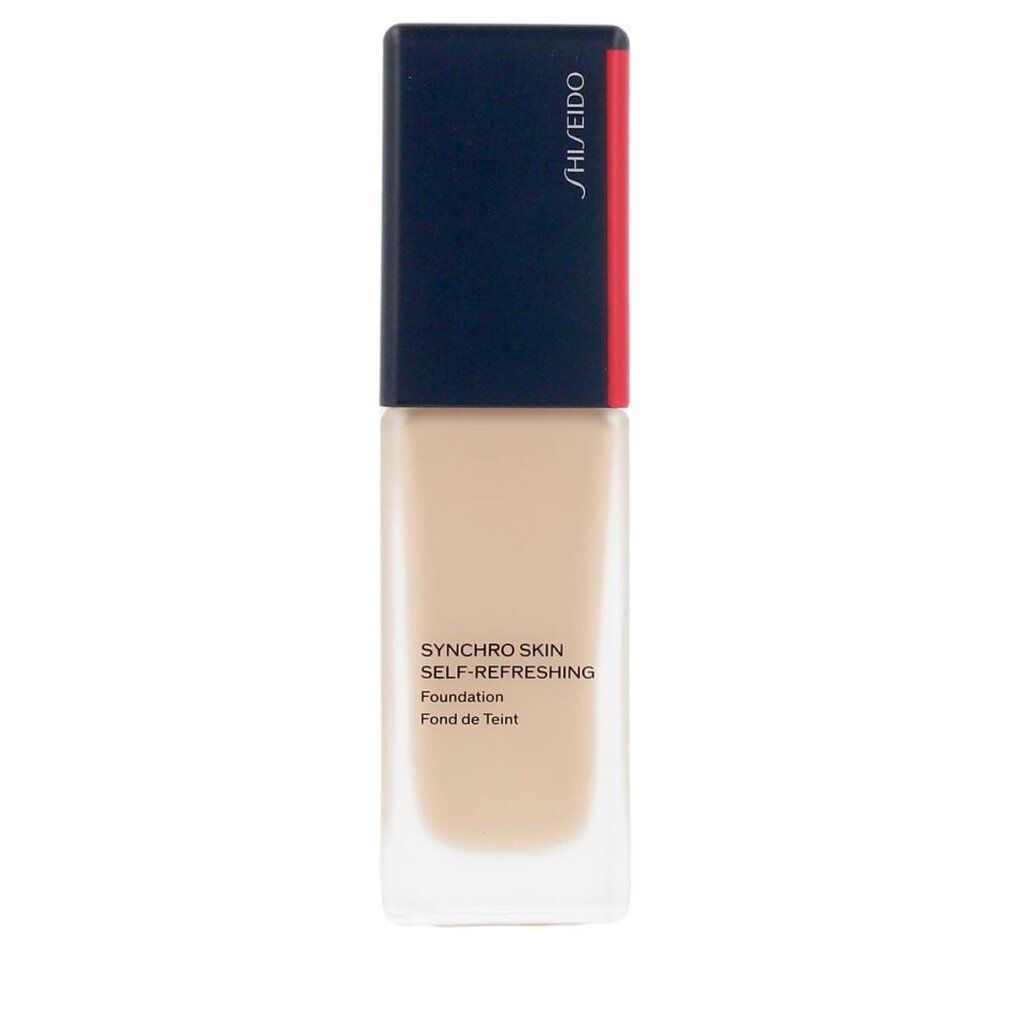 Flacone di fondotinta beige. Tappo blu scuro con accento rosso e logo Shiseido. Testo: Synchro Skin Self-Refreshing.