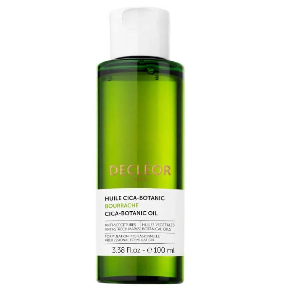 Flacone di vetro verde con tappo bianco. Scritta: Decleor, Cica-Botanic Bourrache, olio. 3.38 Fl.oz - e 100 ml.