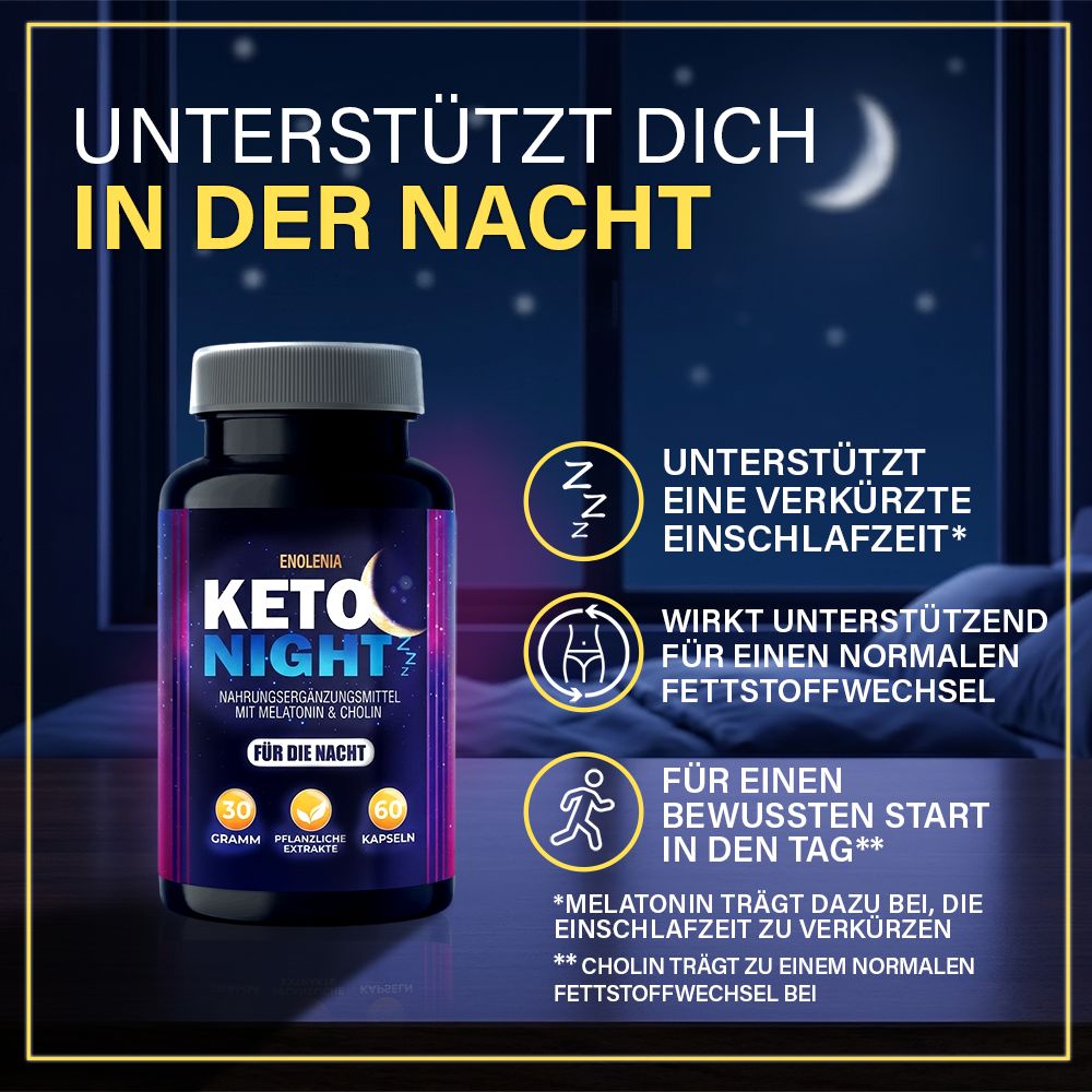Barattolo Enolenia Keto Night accanto a un letto con icone che simboleggiano sonno e metabolismo.