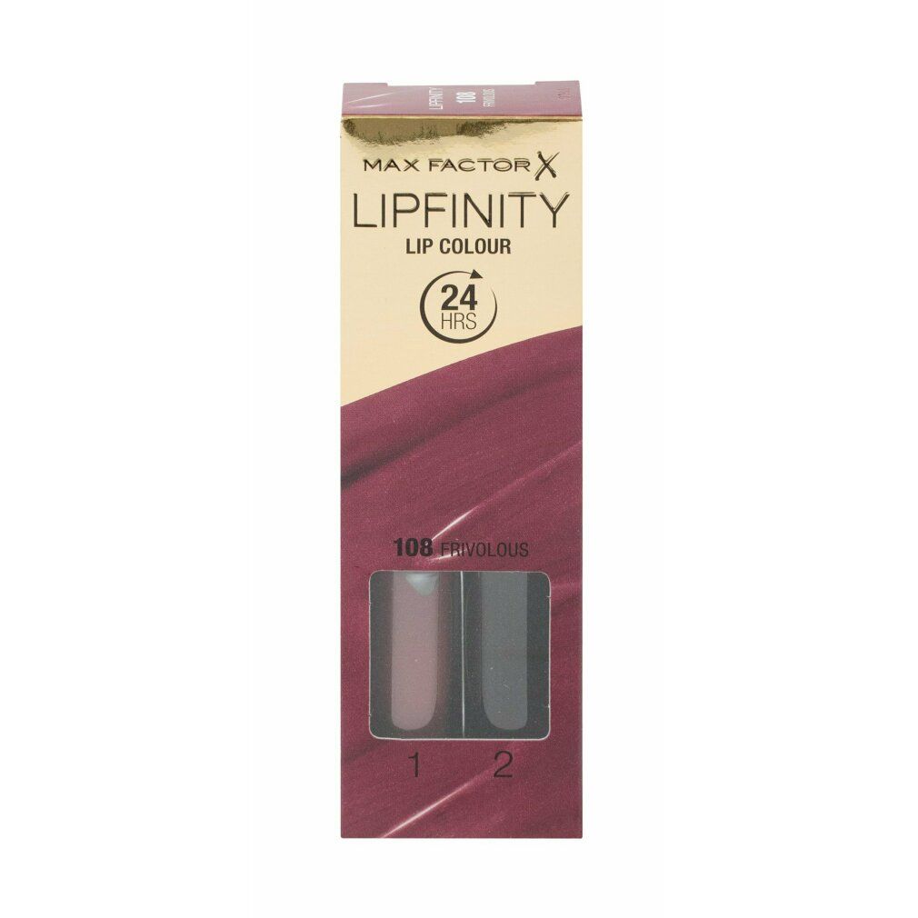 Max Factor Lipfinity Lip Colour. Confezione con due rossetti. Tonalità 108 Frivolo. Confezione dorata con informazioni sul prodotto.