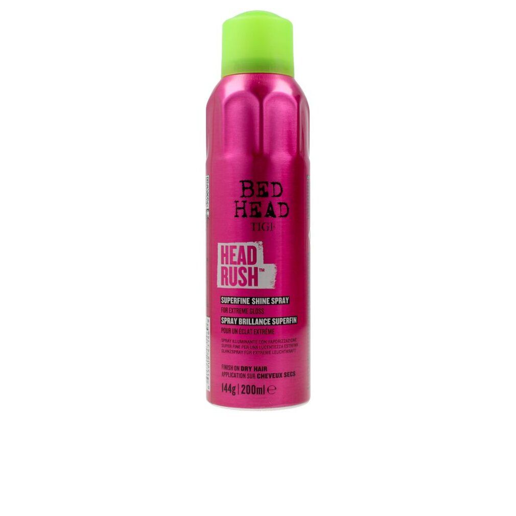Flacone spray rosa con tappo verde. Bed Head Headrush Superfine Shine Spray. Testo sul flacone.