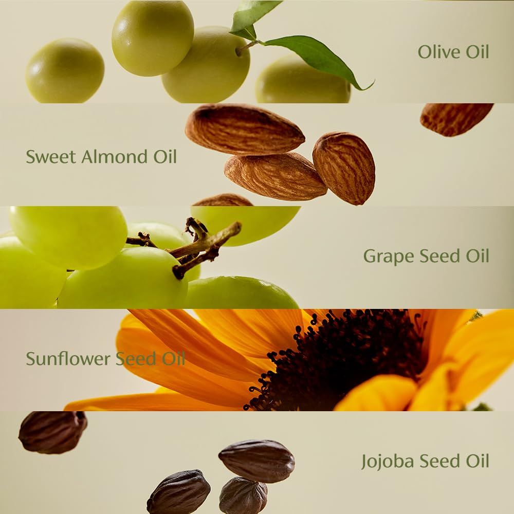 Composizione dell'olio detergente: olive, mandorle, uva, girasole, jojoba. Testo: Olive Oil, Sweet Almond Oil, Grape Seed Oil, Sunflower Seed Oil, Jojoba Seed Oil.