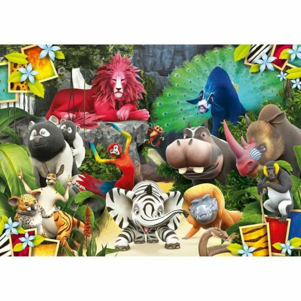 Puzzle Zafari con illustrazioni della giungla. Animali: leone, zebra, scimmia, ippopotamo, rinoceronte, pappagallo, gorilla. Rappresentazione colorata.